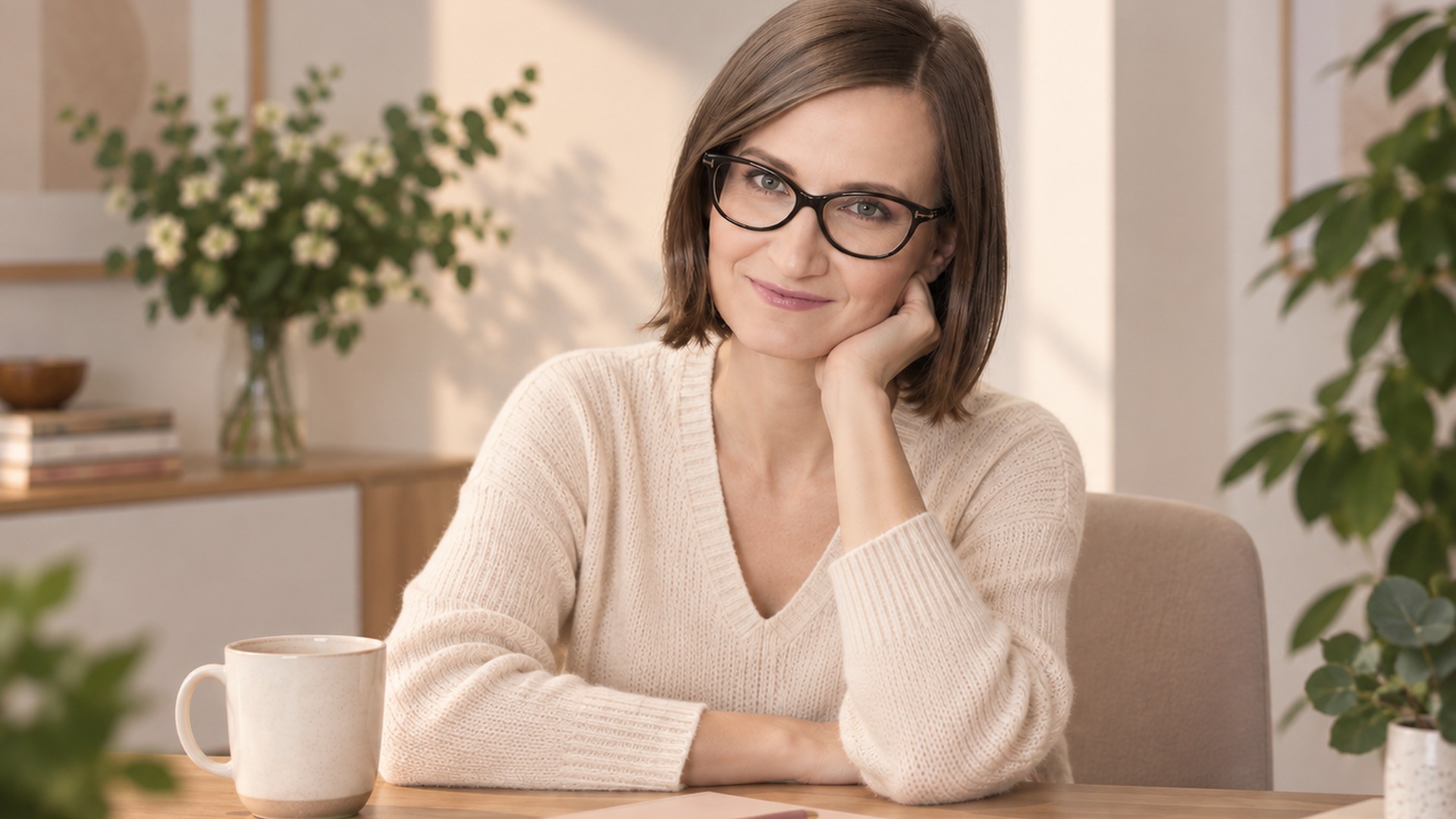 Katarzyna Jałocha przy stole, w jasnym wnętrzu
