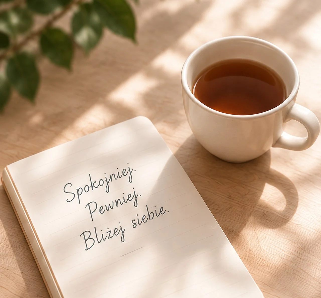 Otwarty notes z odręcznym zapiskiem „Spokojniej. Pewniej. Bliżej siebie.” i kubek herbaty na stole